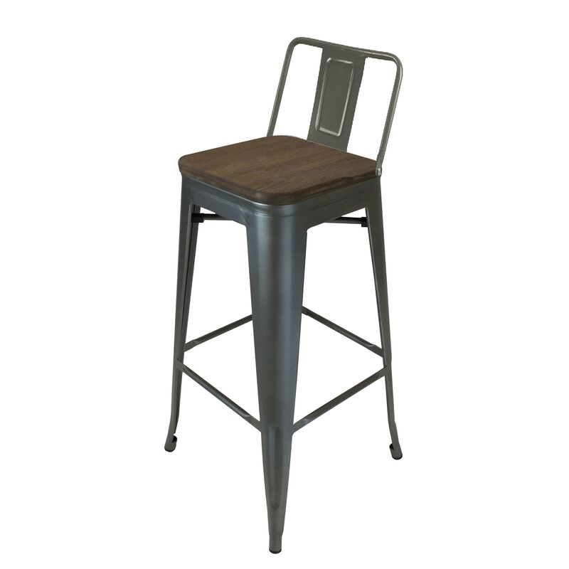 Trace 26 Inch Counter Stool Chair, Low Back, Wood Seat, Gray Metal Finish - Benzara