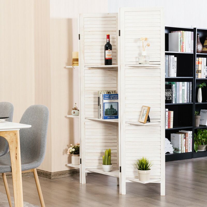 4 Panel Folding Room Divider Screen With 3 Display Shelves