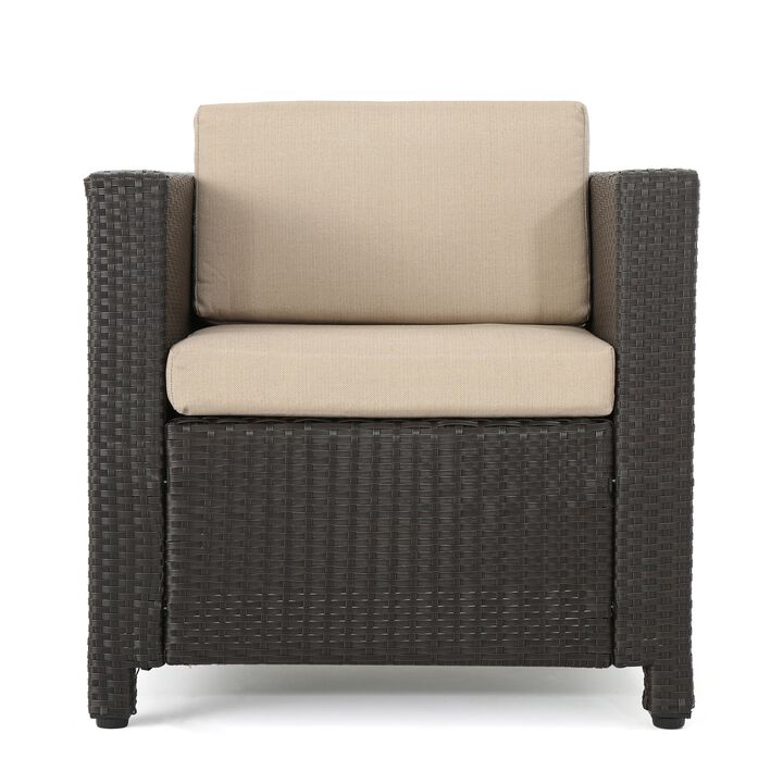 Elza Outdoor Accent Chair, Iron, Brown Faux Rattan Wicker, Beige - Benzara