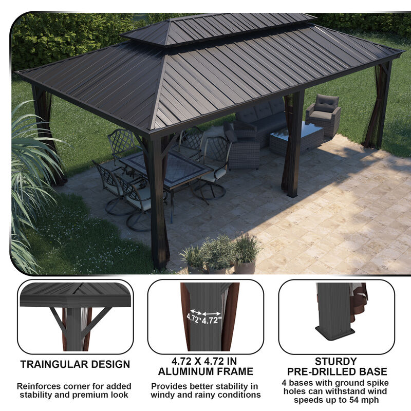 Mondawe 12 ft. x 20 ft. Outdoor Aluminum Frame Gazebo with Mosquito Netting Hardtop Canopy Shelter Iron Double Roof Pavilion