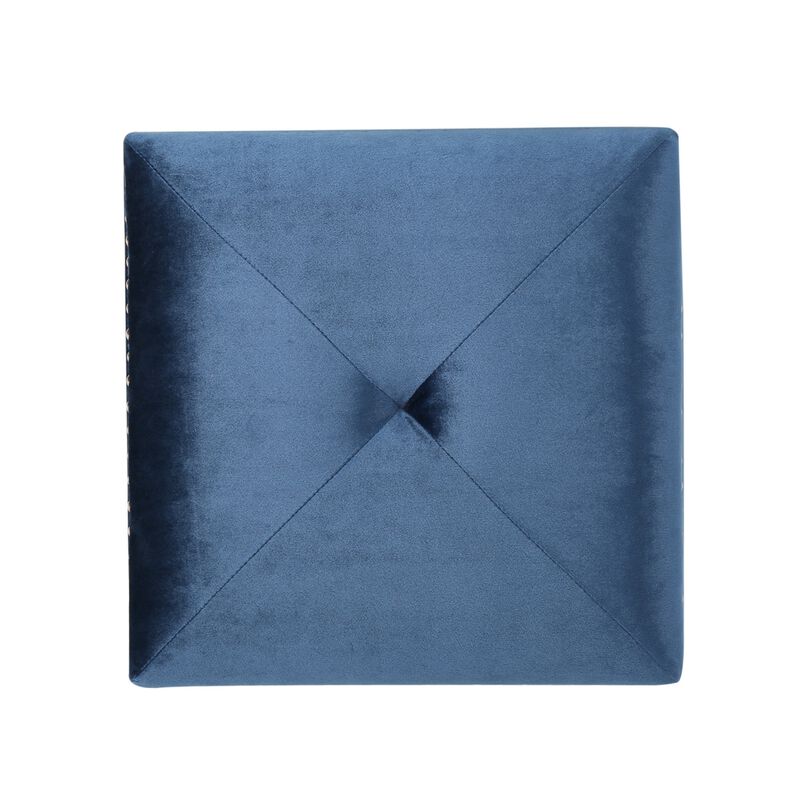 Neli Ottoman, Blue Velvet, Single Tuft on Top, Nailhead Trim, 17 Inch - Benzara