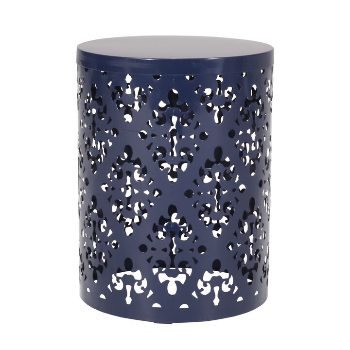 Kemo Outdoor End Table, Round 14 Inch, Cutout Design, Navy Blue - Benzara