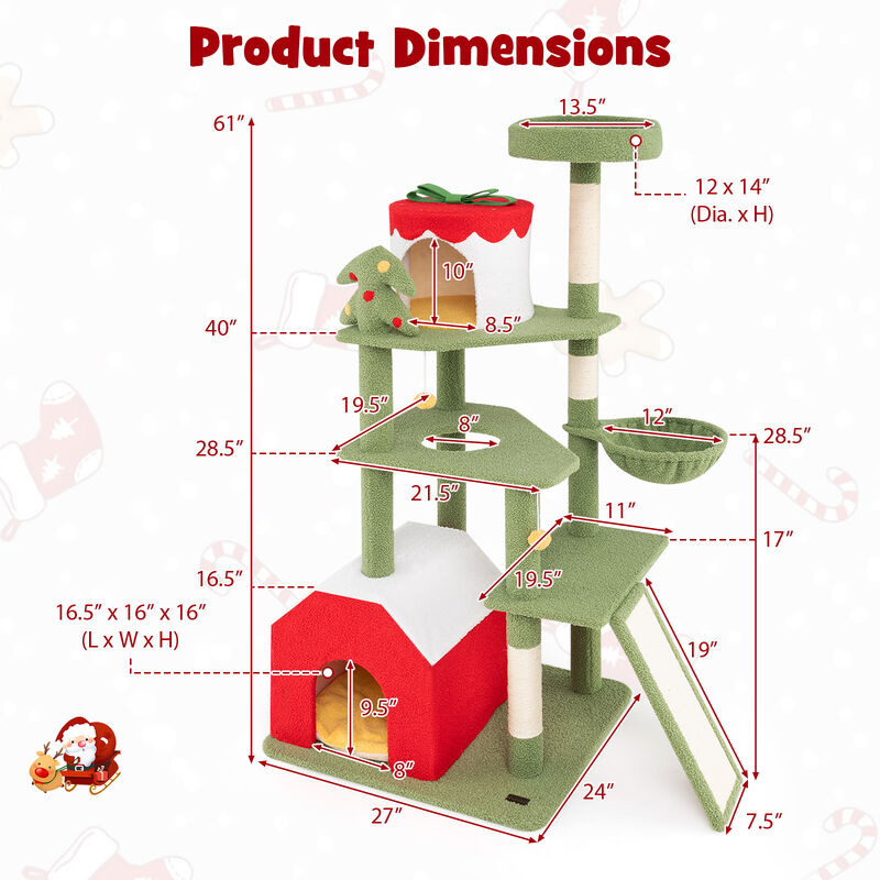 Cute Christmas Cat Tree with Sisal Scratching Posts and 2 Condos