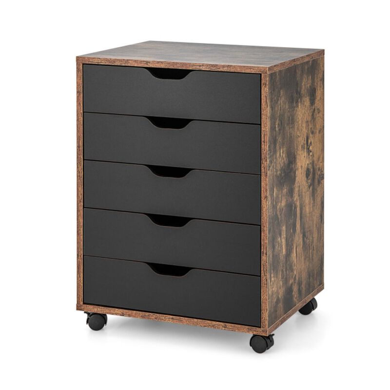 Hivvago 5 Drawer Mobile Lateral Filing Storage Home Office Floor Cabinet with Wheels-Rustic Brown