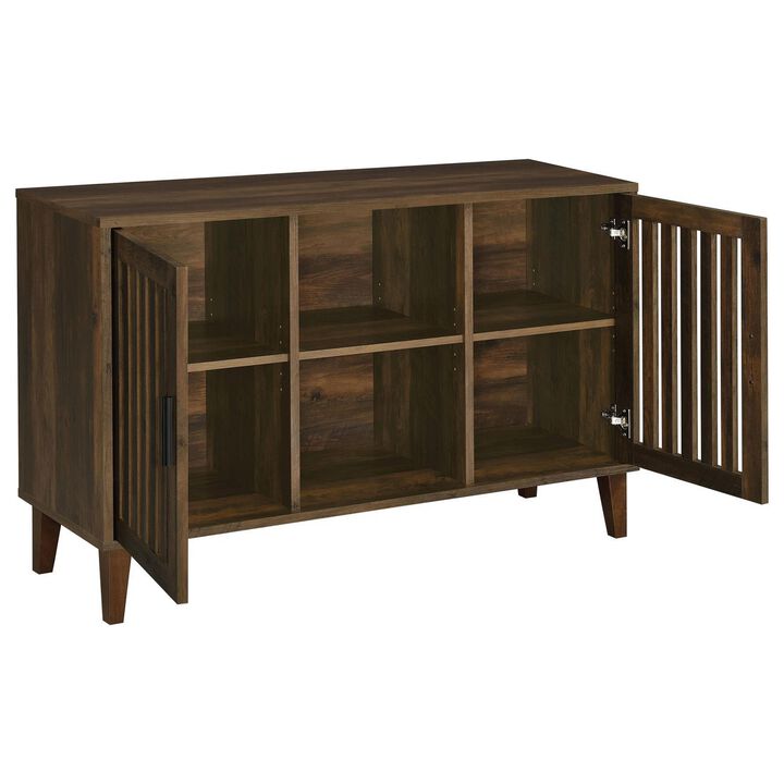 47 Inch Accent Cabinet, Slatted Design, 2 Shelves, Brown and Black Finish - Benzara