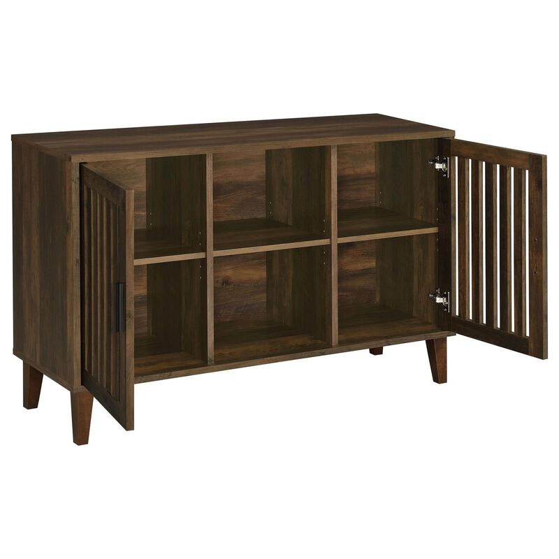 47 Inch Accent Cabinet, Slatted Design, 2 Shelves, Brown and Black Finish - Benzara