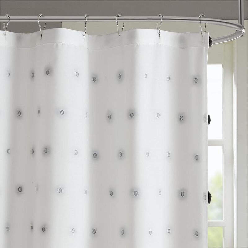 Belen Kox Black Pom Pom Clip Shower Curtain, Belen Kox