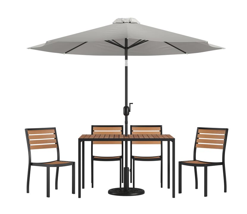 Flash Furniture Lark 7 Piece Patio Table Set - 4 Synthetic Stackable Faux Teak Chairs - 35" Square Faux Teak Table - Tan Umbrella with Base