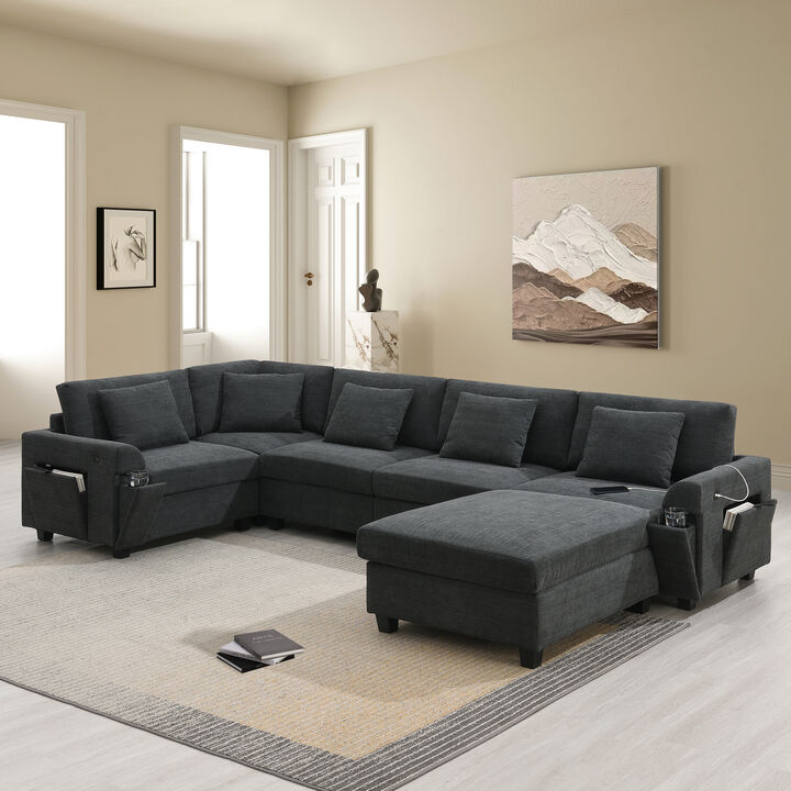 Merax U Shaped Chenille Sectional Sofa with Cup Holders