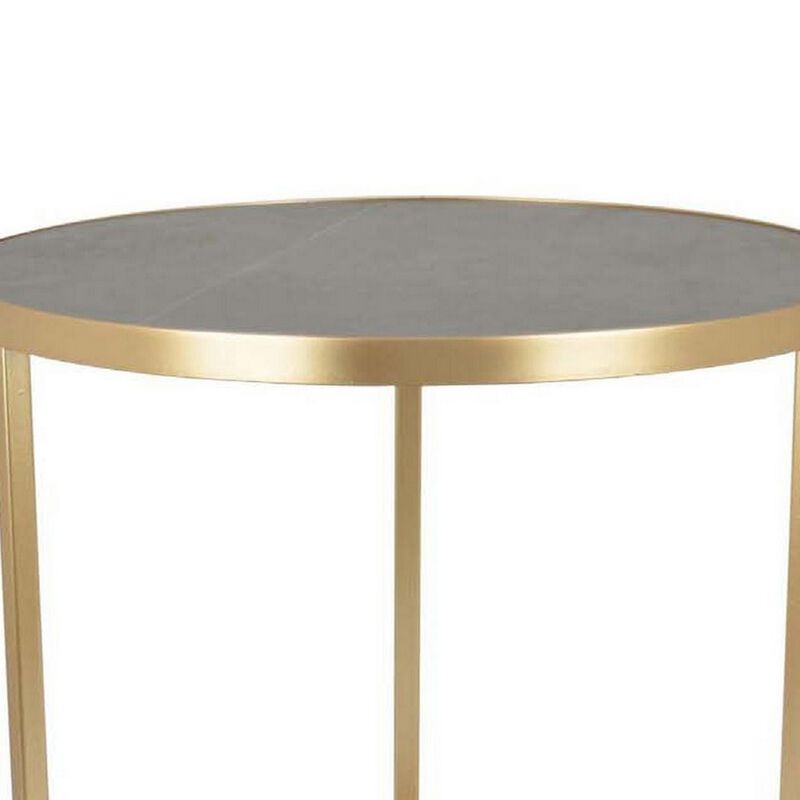 20 Inch Plant Stand Table, 3 Legged Metal Base, Gray Marble, Gold Finish - Benzara