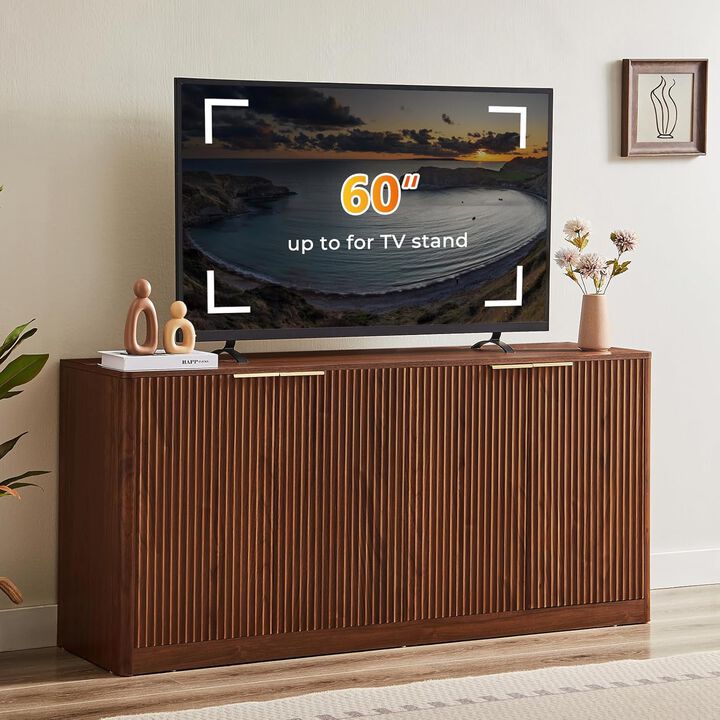 59" Walnut Fluted TV Stand with Storage,Mid Century Modern TV Stand