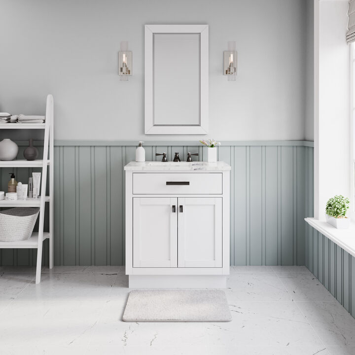 Hartford 30 In. Single Sink Carrara White Marble Countertop Bath Vanity in Pure White