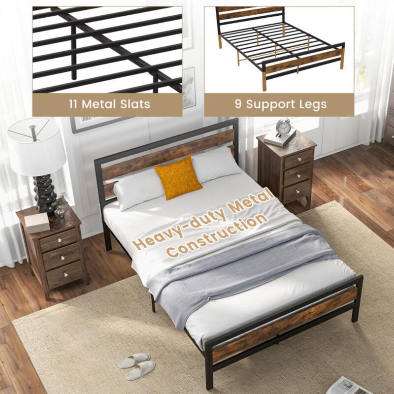 Hivvago Industrial Bed Frame with Rustic Headboard and Footboard