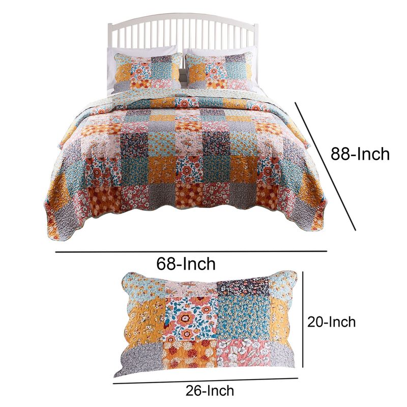 2 Piece Twin Quilt Set with Floral Print, Multicolor - Benzara