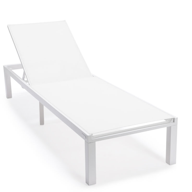 LeisureMod Marlin Modern Black Aluminum Outdoor Patio Chaise Lounge Chair in White Frame with Square Fire Pit Side Table
