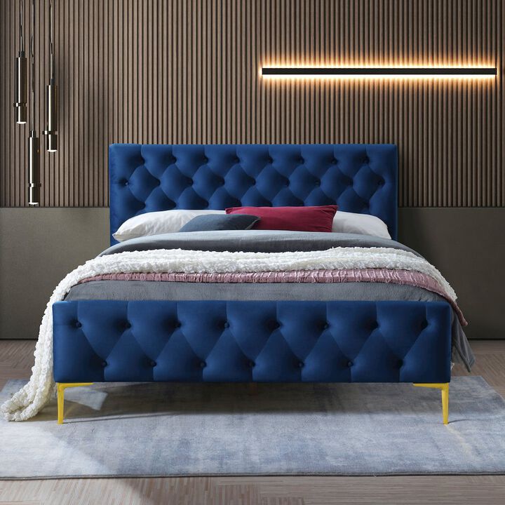 Omax Decor France Wood and Fabric Upholstered Queen Platform Bed in Blue
