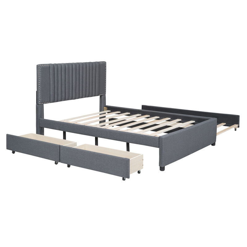 Full Size Upholstered Platform Bed With 2 Drawers And 1 Twin Size Trundle, Classic Headboard Design