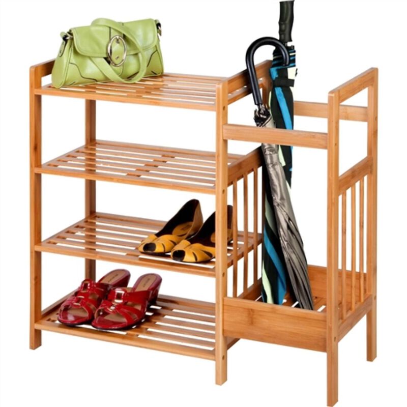 Hivvago 2 Shelf Entryway Shoe Rack Bench with Bla2 in 1 Entryway 4 Shelf Bamboo Shoe Rack and Umbrella Holderck Metal Frame and Brown Wood Top
