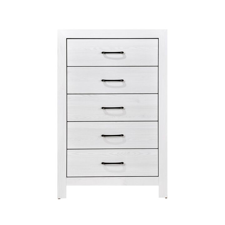 Eby 48 Inch Tall Dresser Chest, 5 Drawers with Black Nickel Handles, White - Benzara