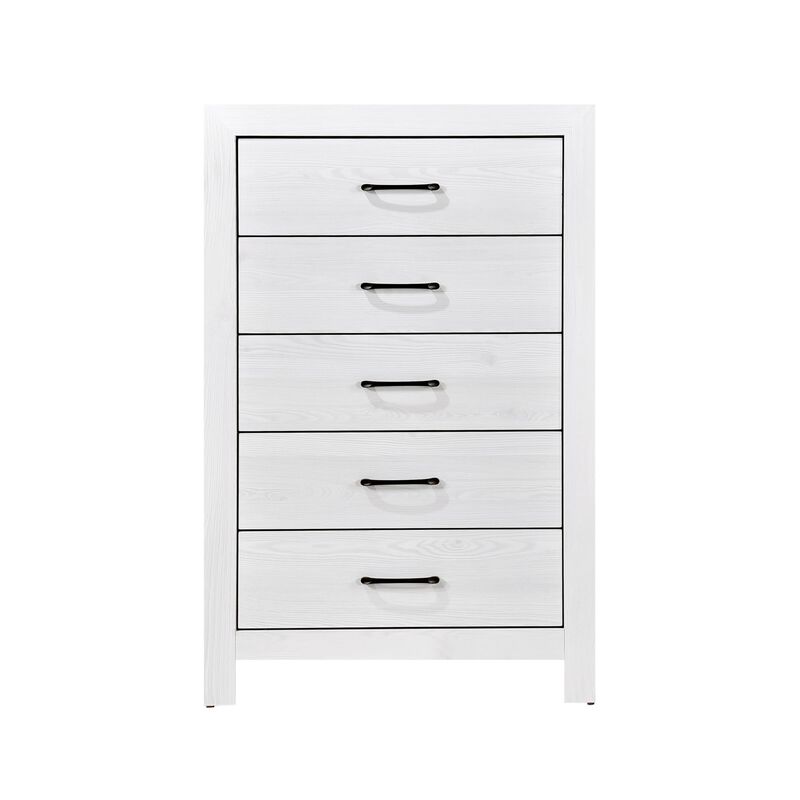 Eby 48 Inch Tall Dresser Chest, 5 Drawers with Black Nickel Handles, White - Benzara