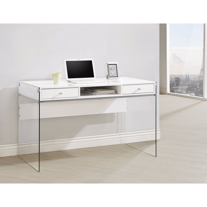 Contemporary Metal Writing Desk with Glass Sides, Clear And White - Benzara