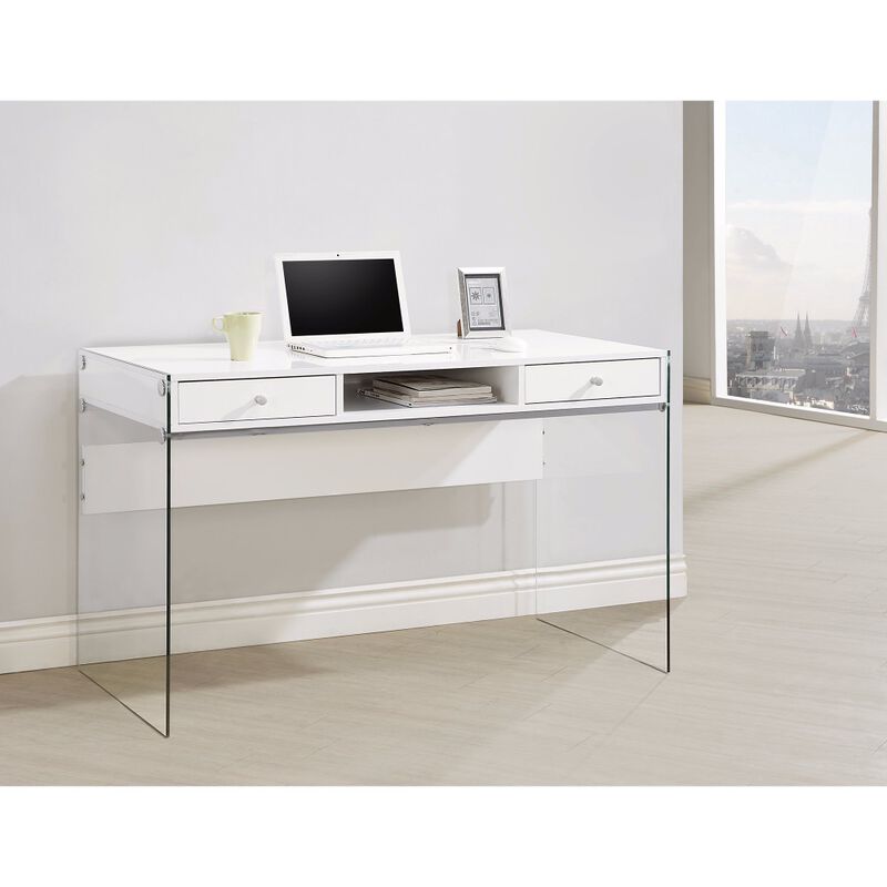 Contemporary Metal Writing Desk with Glass Sides, Clear And White - Benzara