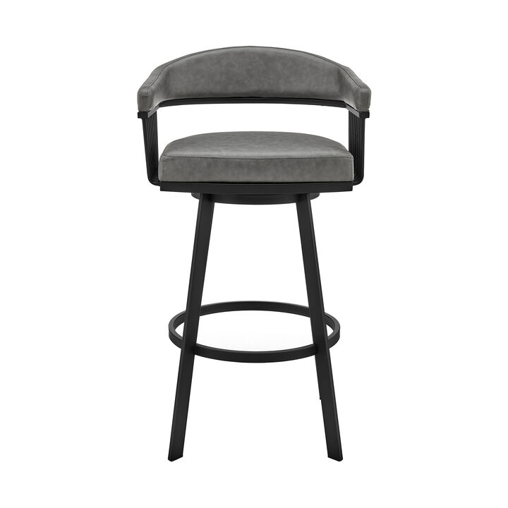 Swivel Barstool with Open Design Metal Frame and Slatted Arms, Gray and Black-Benzara