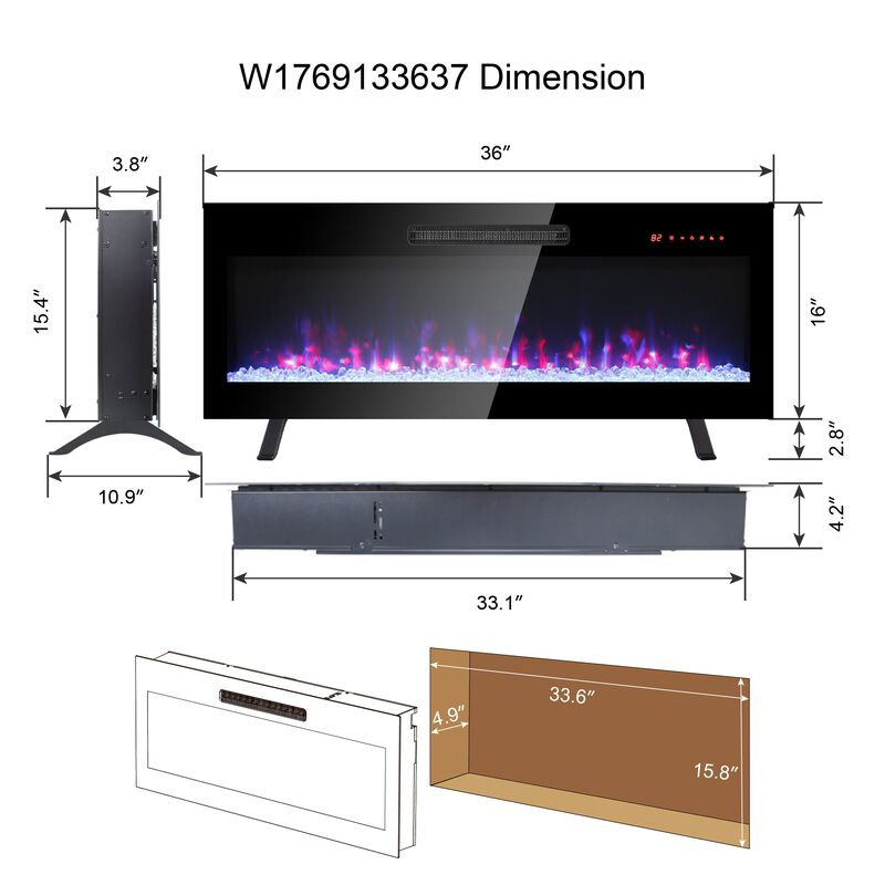 MONDAWE 36 Inch Recessed Ultra Thin Tempered Glass Front Wall Mounted Electric Fireplace With Remote And Multi Color Flame & Emberbed, LED Light Heater