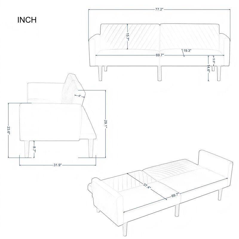 77.2 in. Velvet Twin Size Sofa Bed