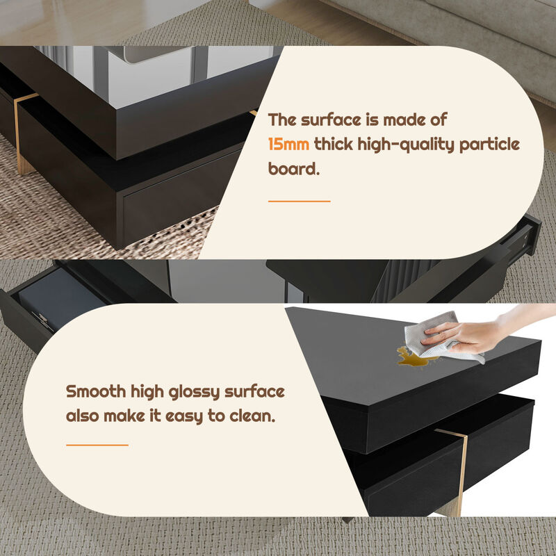 High Gloss Coffee Table with 4 Drawers, Multi Storage, Wood Grain Legs