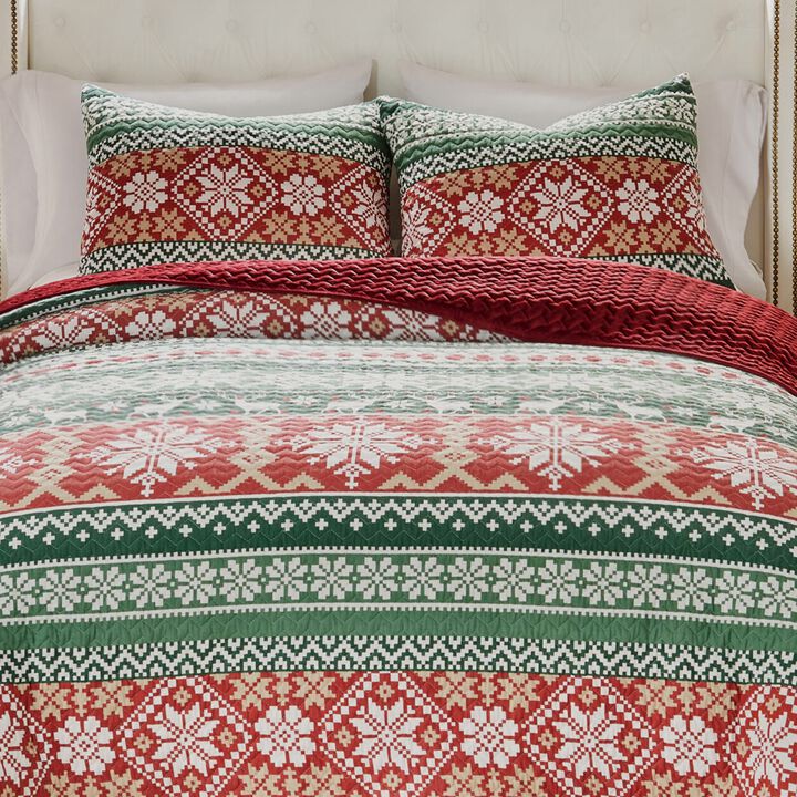 Reindeer 3pc Full/Queen Quilt Set, Dutch Velvet Back, Red, Green Christmas