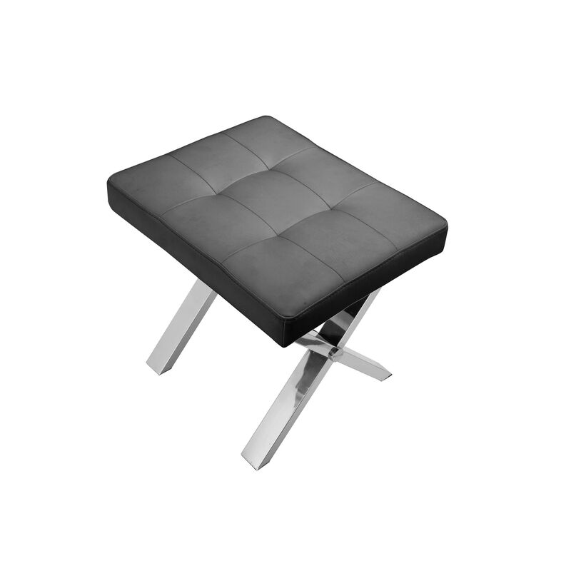 Tia 20 Inch Accent Stool Ottoman, Black Faux Leather, Polished Chrome Legs - Benzara
