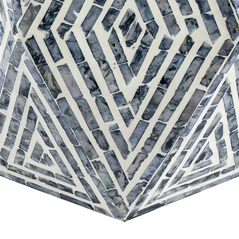18 Inch Accent Table Stool, Hexagonal Design, Diamond Pattern, Blue, White - Benzara
