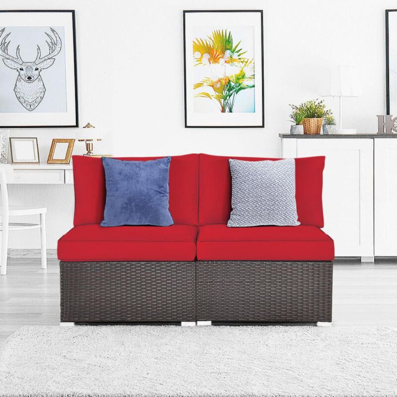 Hivvago 2 Pieces Patio Rattan Armless Sofa Set with 2 Cushions and 2 Pillows