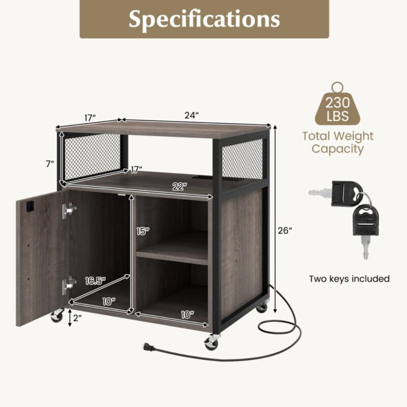 Hivvago File Cabinet on Wheels with Charging Station and Cable Management Hole