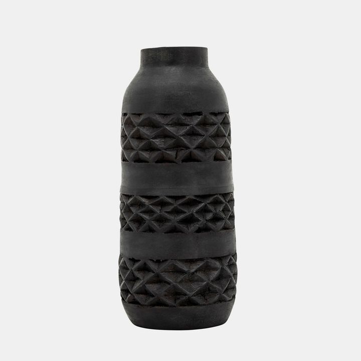 Yuka 12 Inch Vase, Bottle Shape, Embossed Diamond Patterns, Stained Black - Benzara