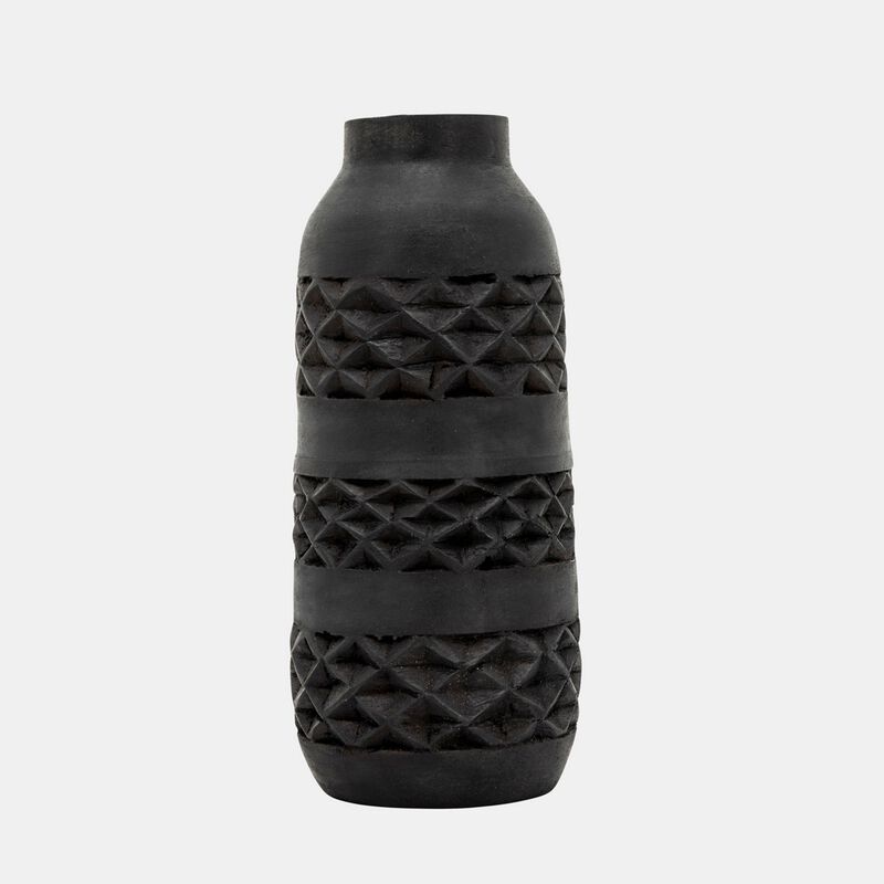Yuka 12 Inch Vase, Bottle Shape, Embossed Diamond Patterns, Stained Black - Benzara