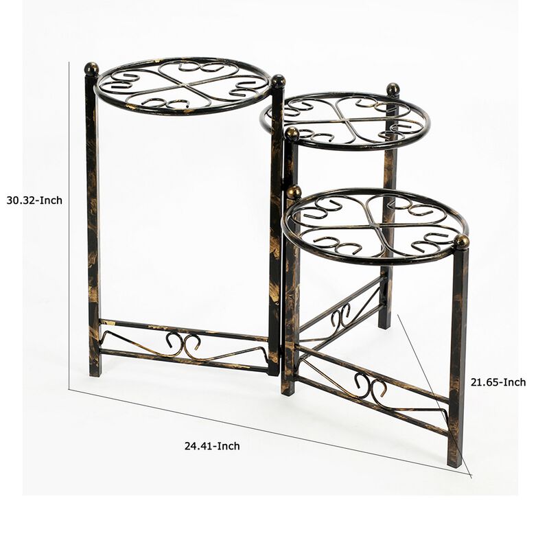 3 Tier Heart Clover Design Round Top Metal Plant Stand, Black-Benzara