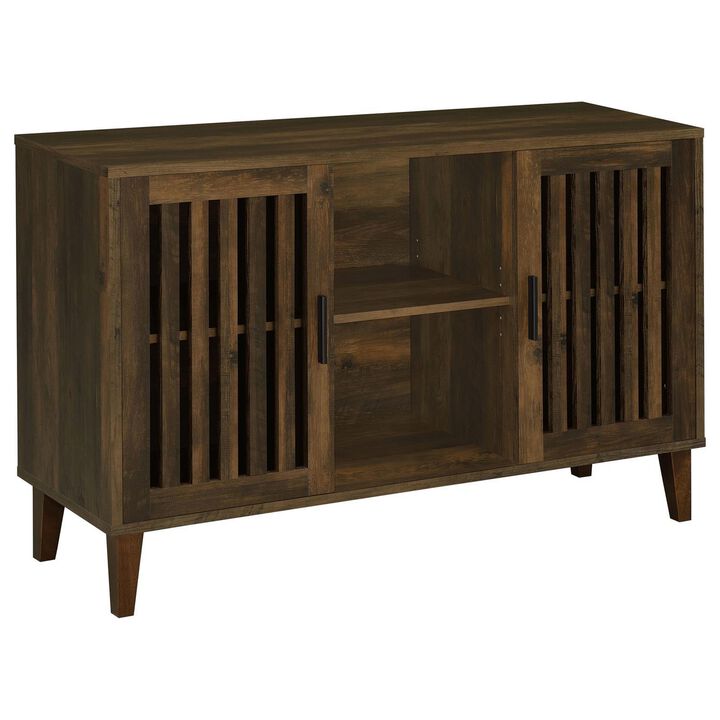 47 Inch Accent Cabinet, Slatted Design, 2 Shelves, Brown and Black Finish - Benzara