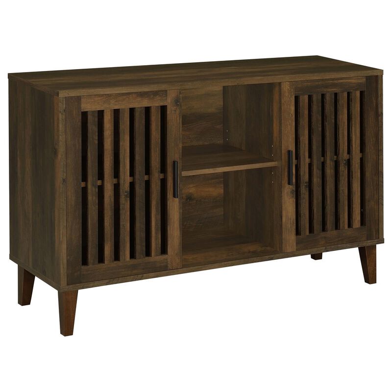 47 Inch Accent Cabinet, Slatted Design, 2 Shelves, Brown and Black Finish - Benzara