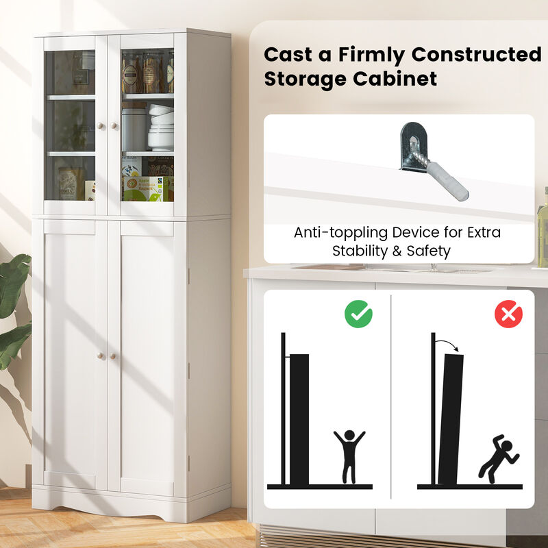 Tall Kitchen Pantry Cabinet with Dual Tempered Glass Doors and Shelves