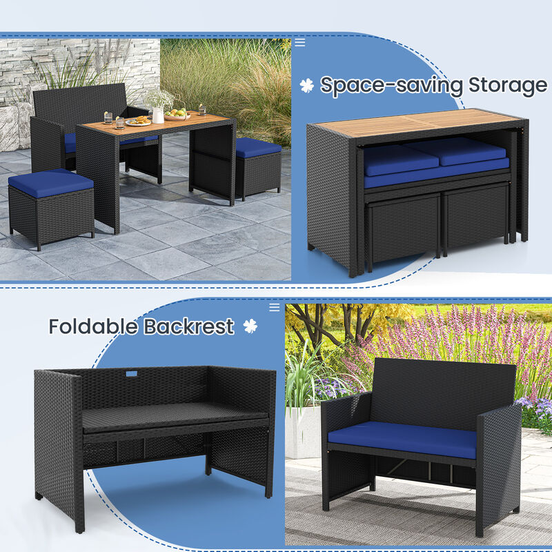 4 Piece Outdoor Dining Set with Wood Topped Dining Table  Rattan Loveseat Chair and 2 Ottomans