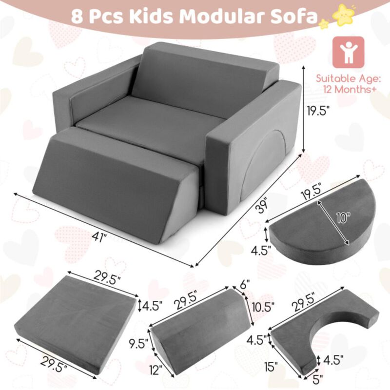 Hivvago 8 Pieces Kids Modular Play Sofa with Detachable Cover for Playroom and Bedroom