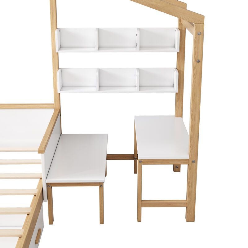 Streamdale Wooden House Bed with Desk, Drawer & Bookshelf