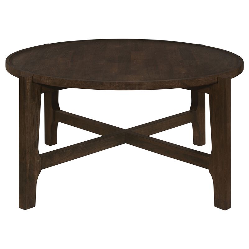 Katie Coffee Table, Round 38 Inch Top, Dark Brown Wood, Cross Beam Legs - Benzara