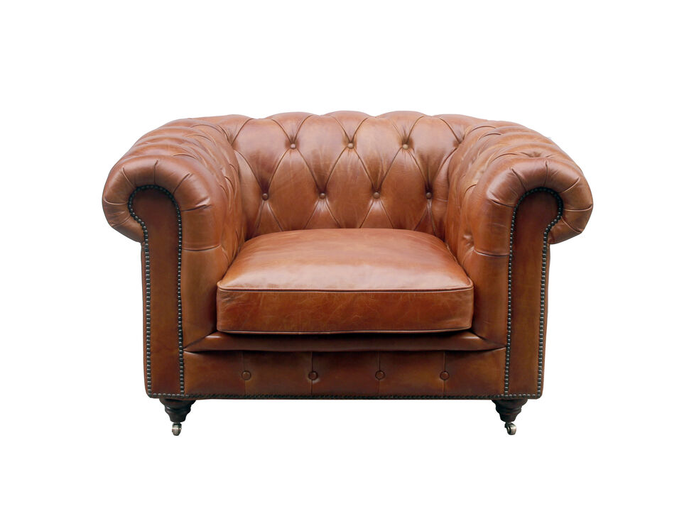 Pasargad Home Paris Club Chester Bay Genuine Leather Tufted Club Chair, Brown