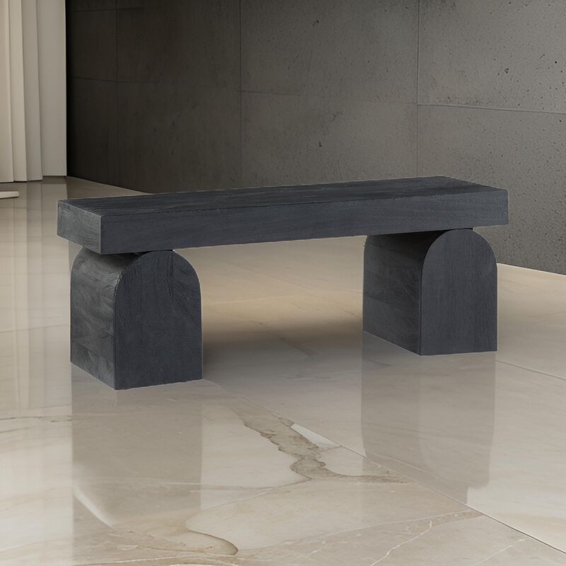 Accent Bench, 50 Inch, Oversized Sandblasted Effect, Black Solid Wood - Benzara