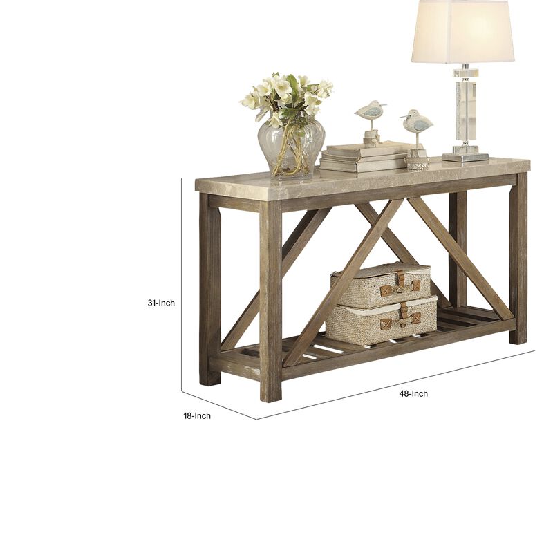 Rectangular Wooden Sofa Table With Slated Bottom Shelf, Gold Brown - Benzara