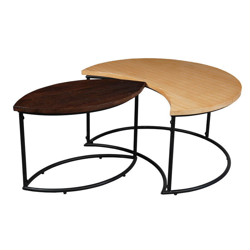 35 Inch 2 Piece Coffee Table with Black Iron Frame, 2 Tone Mango Wood Top In Natural Brown and Walnut - Benzara