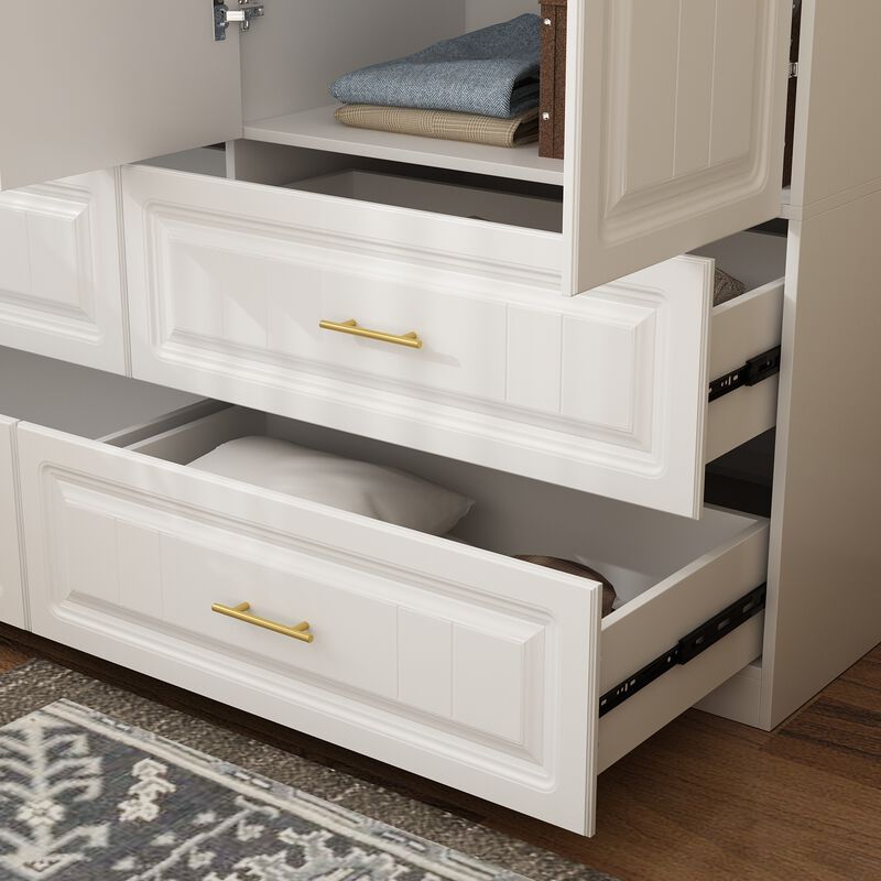 FUFU&GAGA 8-Door Wardrobe Closet with 4 Drawers, Cube Storage, and Hanging Rod - Coastal Style White Armoire Wardrobe Cabinet